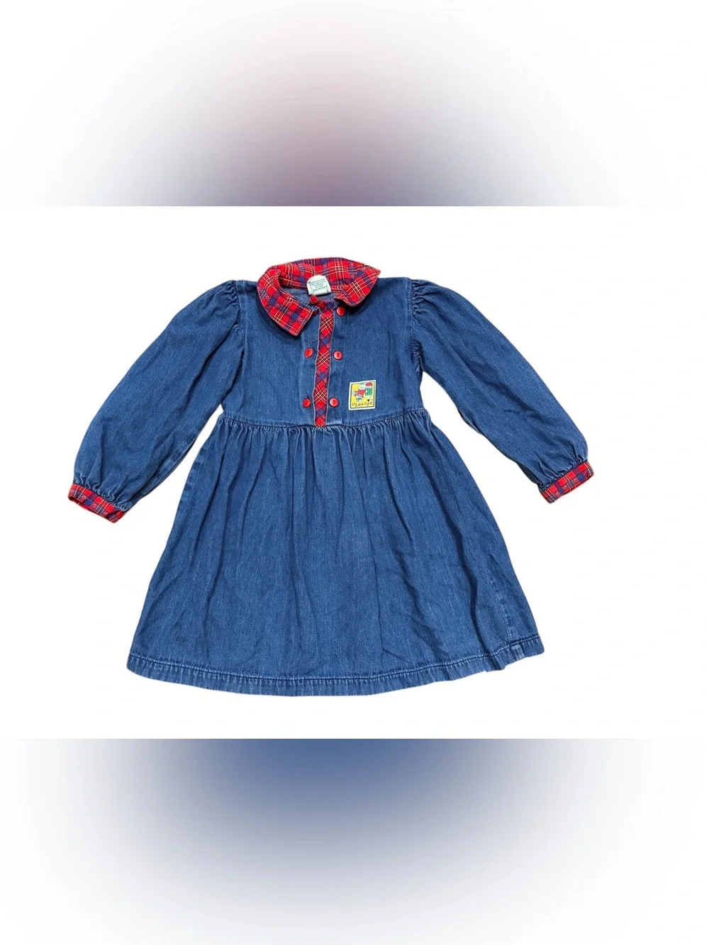 Vintage 80s 90s OSHKOSH Denim Jean Dress Girls Size 5 Plaid Collar MADE IN USA